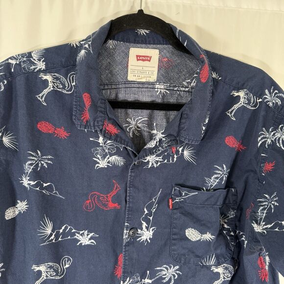 Levis Polo Shirt Men's Large Blue Pineapple Palm Trees Short Sleeve Button Up - Picture 6 of 11